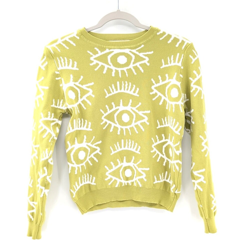 Lizette Collection Green White Evil Eye Art-to-Wear Pullover Sweater Size Small